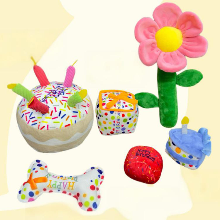 Brinquedos de pelúcia de aniversário para animais de estimação resistentes à mastigação